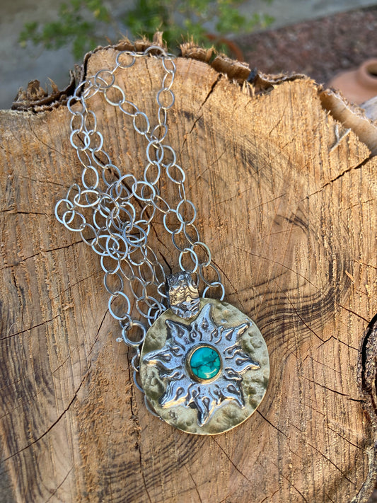 Sterling Silver, Brass & Turquoise Sun Pendant
