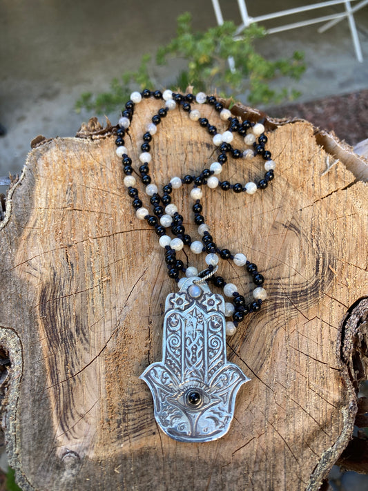 Sterling Silver Hamsa with Moonstone & Black Chalcedony