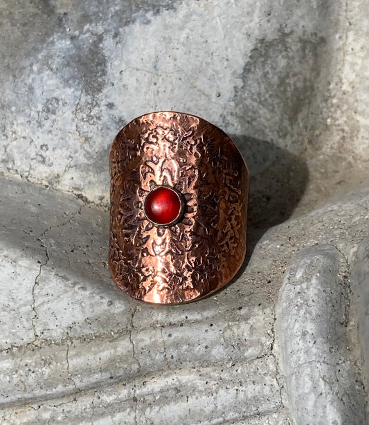 Sterling Silver & Copper Adjustable Ring with Carnelian Embellishment.