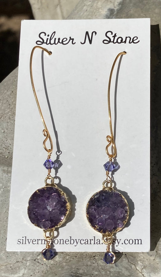 Gold & Amethyst Druzy Earrings with purple Swarovski Crystal Embellishments