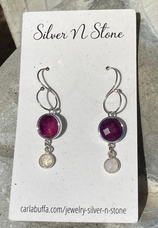 Sterling Silver & Ruby Drop Earring with Moonstone