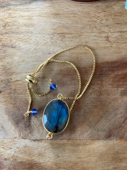 Gold & Bright Blue Labradorite Adjustable Bracelet with Blue Swarovski crystals