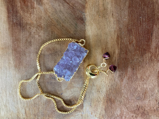 Gold Amethyst Druzy Adjustable Bracelet with Purple Swarovski Crystals