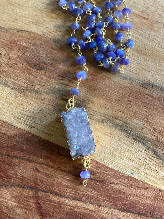 Gold Blue Moonstone & Druzy Necklace