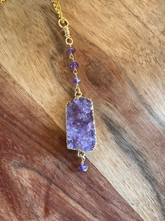 Gold Amethyst Druzy Necklace with Purple Swarovski Crystal Embellishments