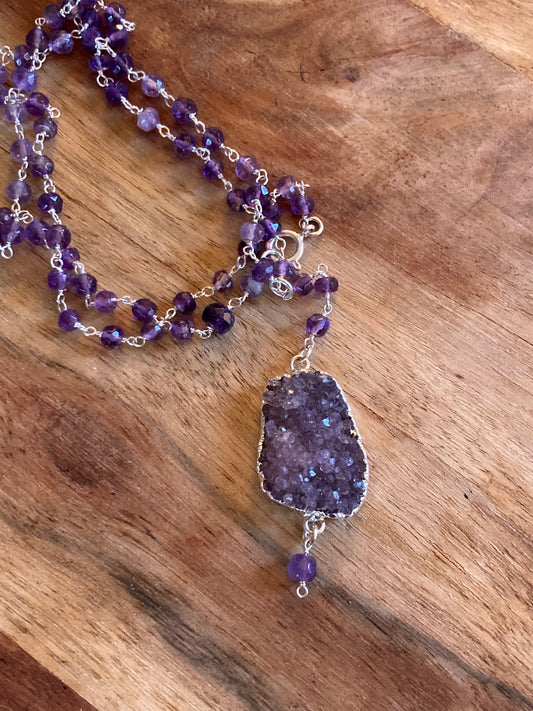 Sterling Silver & Amethyst Druzy Necklace with Amethyst Chain